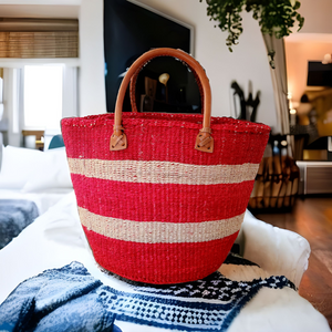 Red & Natural Sisal Basket with Handles