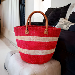 Red & Natural Sisal Basket with Handles